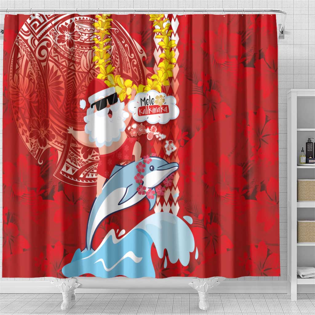 Hawaiian Mele Kalikimaka Shower Curtain Funny Santa Riding Lei Dolphin with Kakau Tattoos LT03 - Polynesian Pride