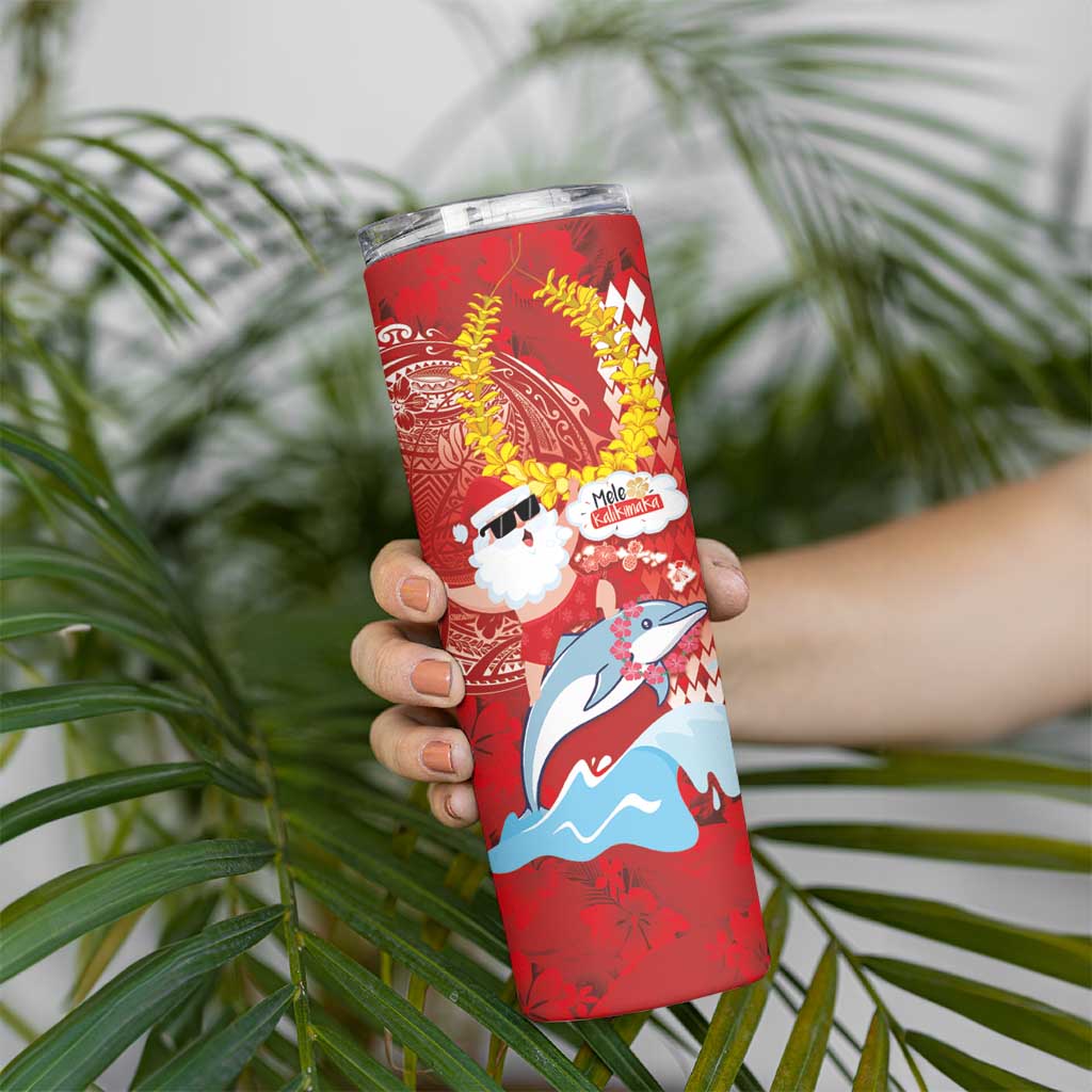 Hawaiian Mele Kalikimaka Skinny Tumbler Funny Santa Riding Lei Dolphin with Kakau Tattoos LT03 - Polynesian Pride