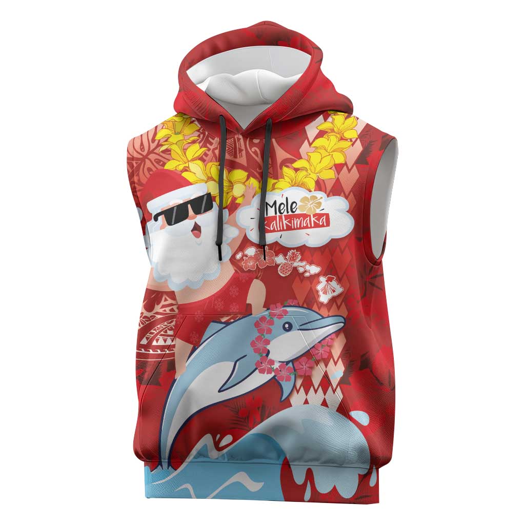 Hawaiian Mele Kalikimaka Sleeveless Hoodie Funny Santa Riding Lei Dolphin with Kakau Tattoos LT03 Red - Polynesian Pride