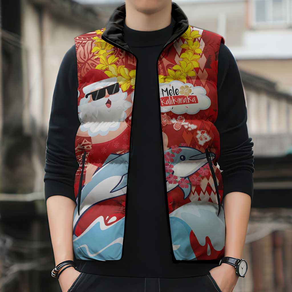 Hawaiian Mele Kalikimaka Sleeveless Puffer Jacket Funny Santa Riding Lei Dolphin with Kakau Tattoos - Polynesian Pride