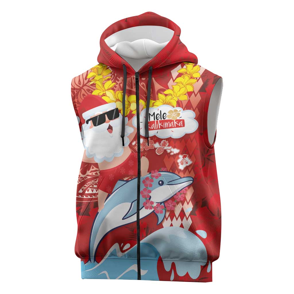 Hawaiian Mele Kalikimaka Sleeveless Zip Hoodie Funny Santa Riding Lei Dolphin with Kakau Tattoos LT03 Red - Polynesian Pride