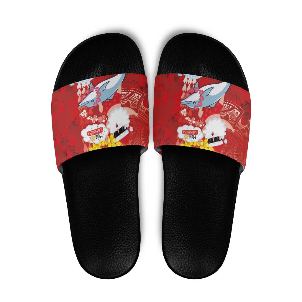 Hawaiian Mele Kalikimaka Slide Sandals Funny Santa Riding Lei Dolphin with Kakau Tattoos LT03 Red - Polynesian Pride