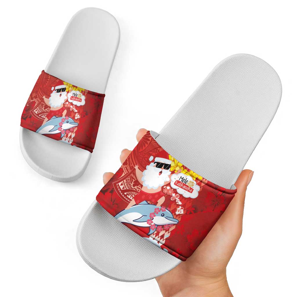 Hawaiian Mele Kalikimaka Slide Sandals Funny Santa Riding Lei Dolphin with Kakau Tattoos LT03 - Polynesian Pride