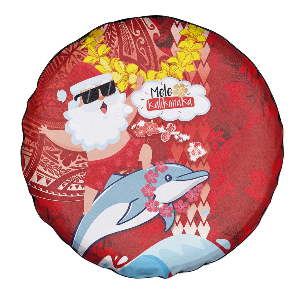 Hawaiian Mele Kalikimaka Spare Tire Cover Funny Santa Riding Lei Dolphin with Kakau Tattoos LT03 - Polynesian Pride
