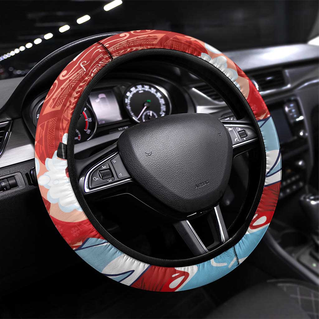 Hawaiian Mele Kalikimaka Steering Wheel Cover Funny Santa Riding Lei Dolphin with Kakau Tattoos LT03 Universal Fit Red - Polynesian Pride