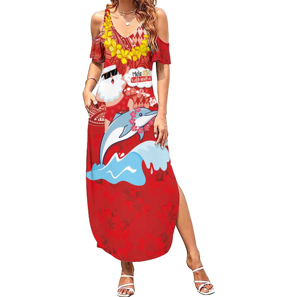 Hawaiian Mele Kalikimaka Summer Maxi Dress Funny Santa Riding Lei Dolphin with Kakau Tattoos LT03 Women Red - Polynesian Pride