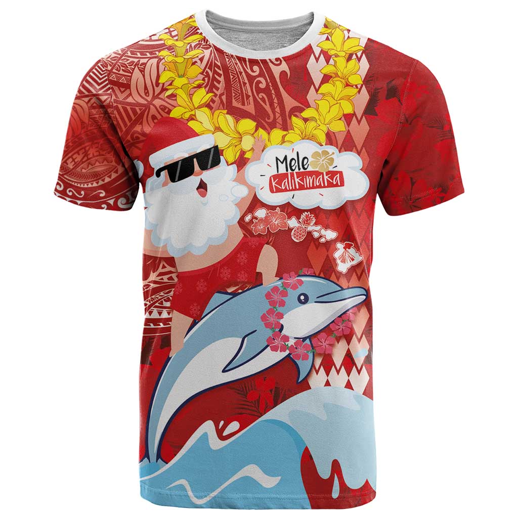 Hawaiian Mele Kalikimaka T Shirt Funny Santa Riding Lei Dolphin with Kakau Tattoos LT03 Red - Polynesian Pride