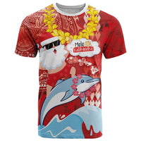 Hawaiian Mele Kalikimaka T Shirt Funny Santa Riding Lei Dolphin with Kakau Tattoos LT03 Red - Polynesian Pride