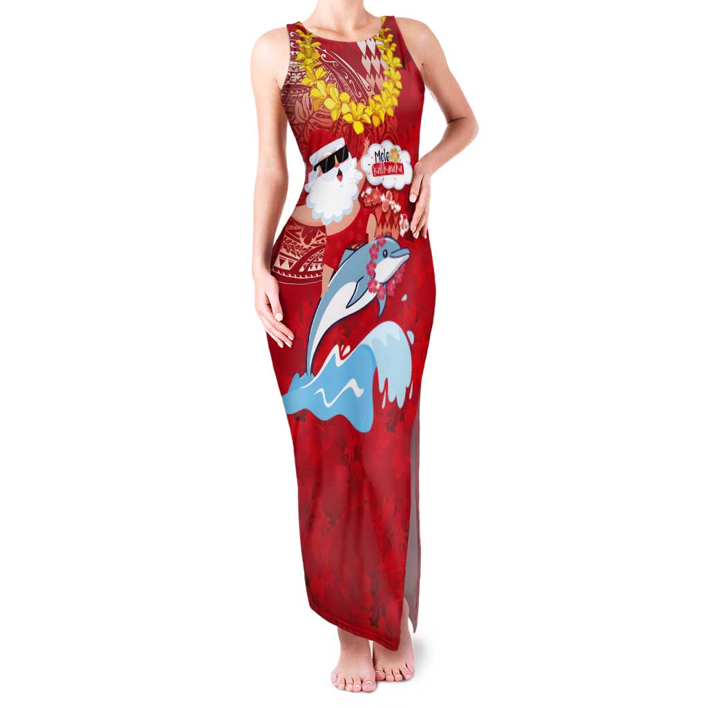 Hawaiian Mele Kalikimaka Tank Maxi Dress Funny Santa Riding Lei Dolphin with Kakau Tattoos LT03 Women Red - Polynesian Pride