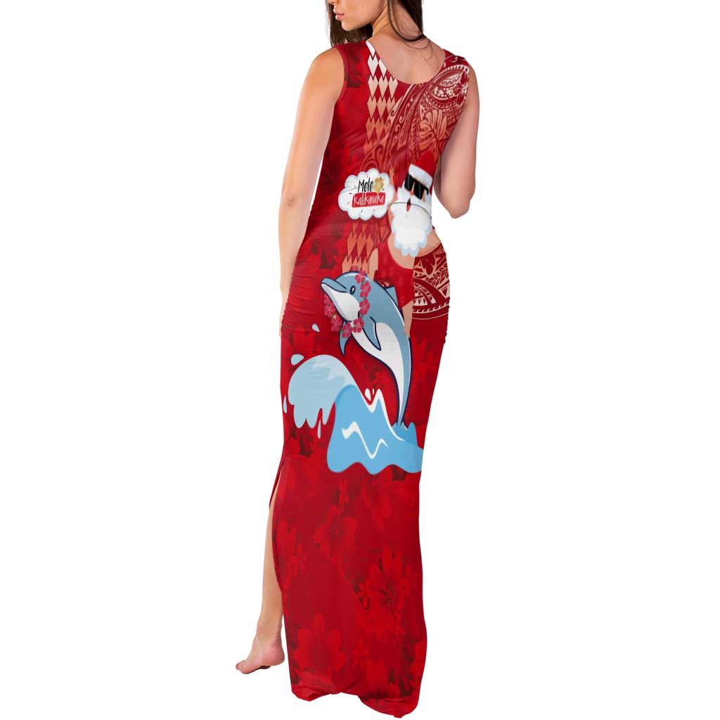 Hawaiian Mele Kalikimaka Tank Maxi Dress Funny Santa Riding Lei Dolphin with Kakau Tattoos LT03 - Polynesian Pride