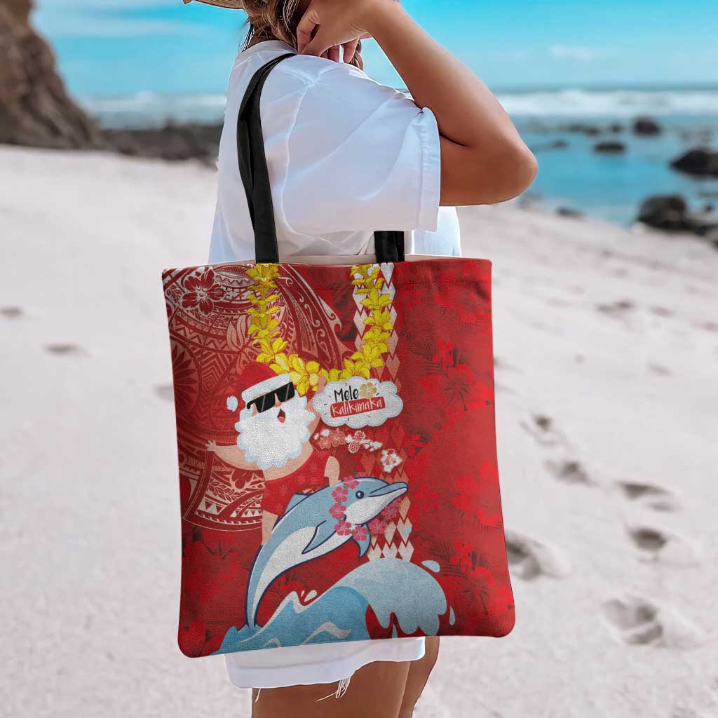 Hawaiian Mele Kalikimaka Tote Bag Funny Santa Riding Lei Dolphin with Kakau Tattoos LT03 - Polynesian Pride