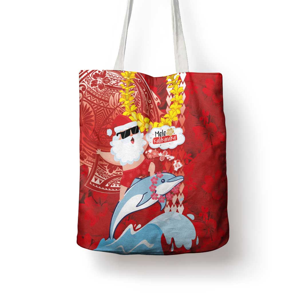 Hawaiian Mele Kalikimaka Tote Bag Funny Santa Riding Lei Dolphin with Kakau Tattoos LT03 - Polynesian Pride