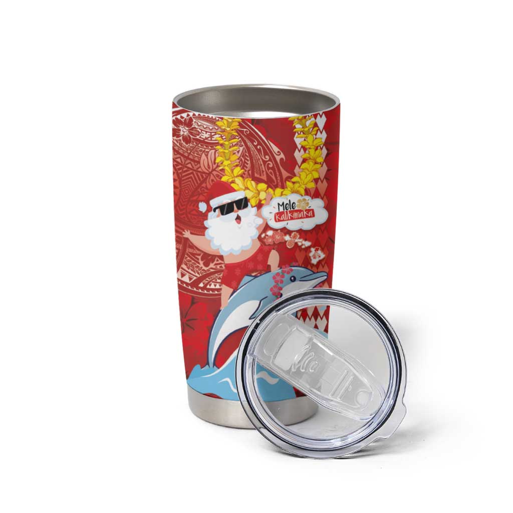 Hawaiian Mele Kalikimaka Tumbler Cup Funny Santa Riding Lei Dolphin with Kakau Tattoos LT03 - Polynesian Pride