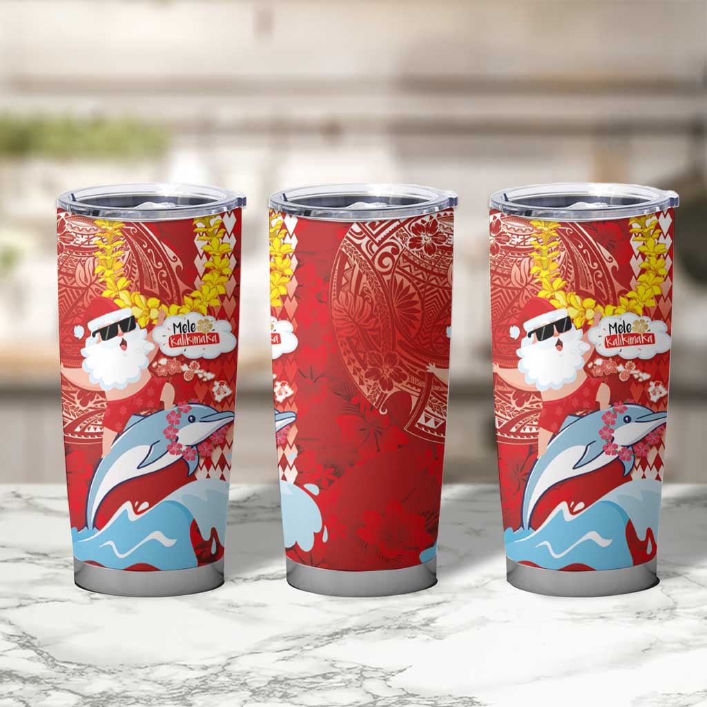 Hawaiian Mele Kalikimaka Tumbler Cup Funny Santa Riding Lei Dolphin with Kakau Tattoos LT03 - Polynesian Pride