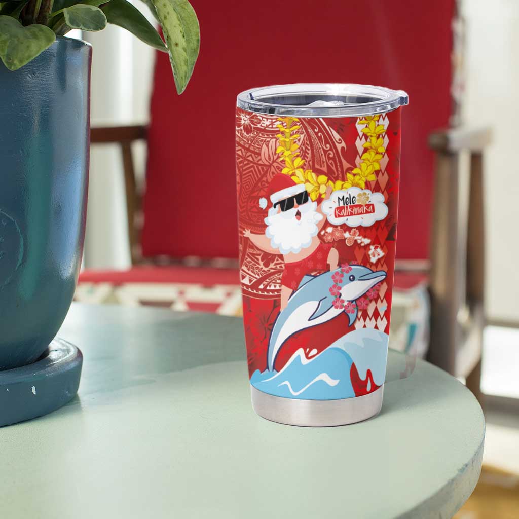 Hawaiian Mele Kalikimaka Tumbler Cup Funny Santa Riding Lei Dolphin with Kakau Tattoos LT03 - Polynesian Pride