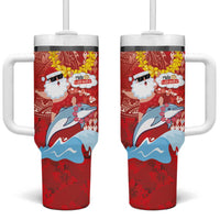 Hawaiian Mele Kalikimaka Tumbler With Handle Funny Santa Riding Lei Dolphin with Kakau Tattoos LT03 One Size: 40 oz Red - Polynesian Pride