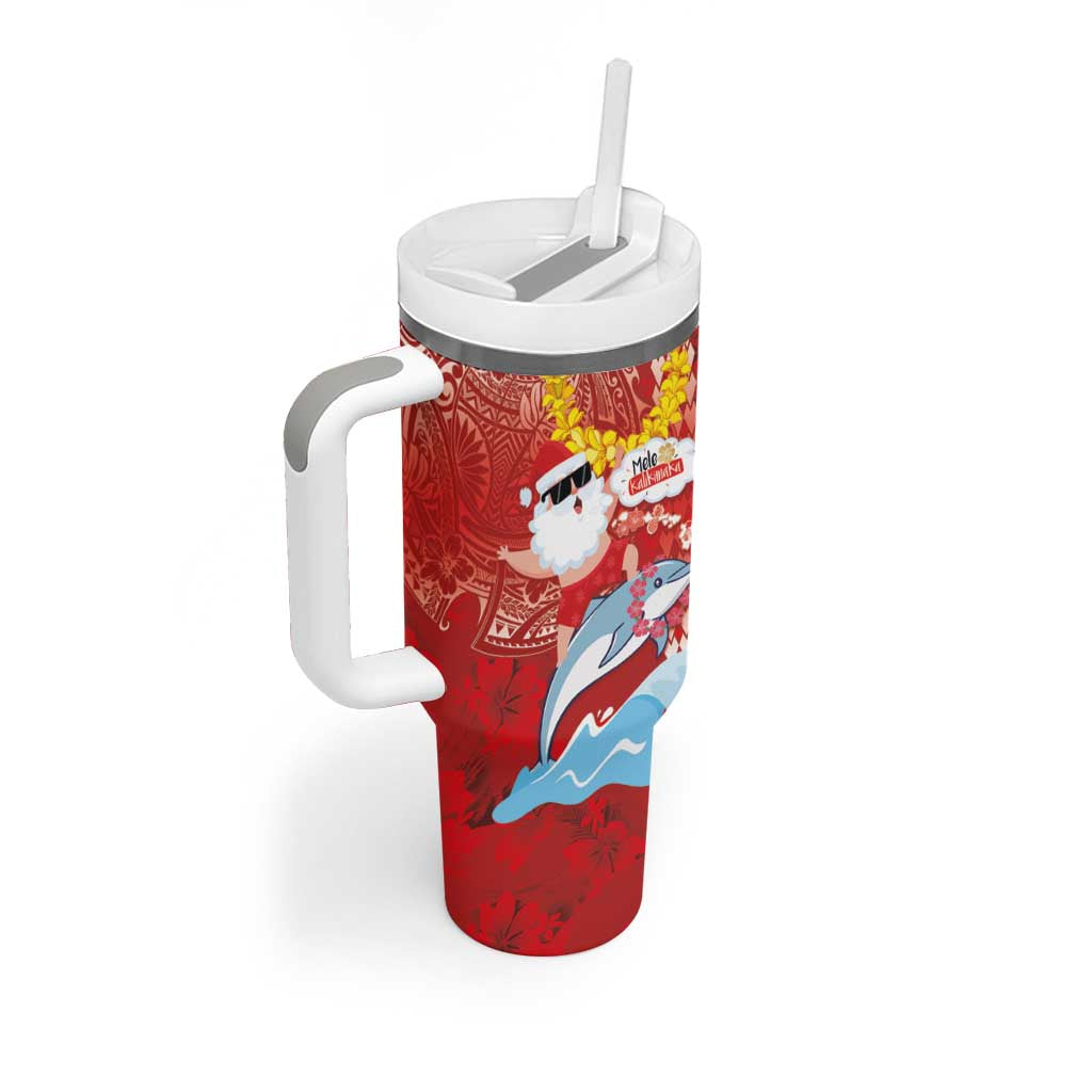 Hawaiian Mele Kalikimaka Tumbler With Handle Funny Santa Riding Lei Dolphin with Kakau Tattoos LT03 - Polynesian Pride