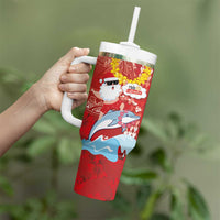 Hawaiian Mele Kalikimaka Tumbler With Handle Funny Santa Riding Lei Dolphin with Kakau Tattoos LT03 - Polynesian Pride