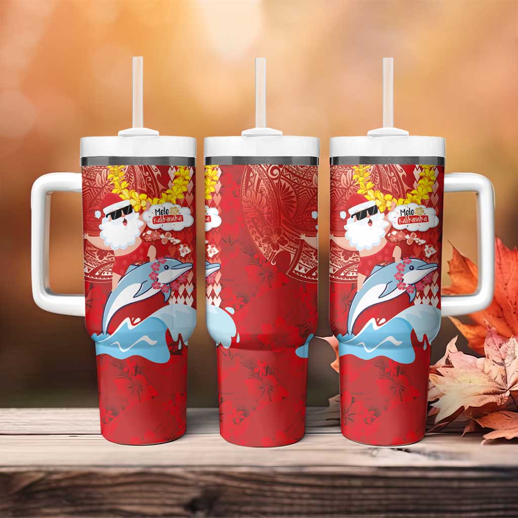 Hawaiian Mele Kalikimaka Tumbler With Handle Funny Santa Riding Lei Dolphin with Kakau Tattoos LT03 - Polynesian Pride