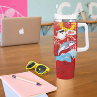 Hawaiian Mele Kalikimaka Tumbler With Handle Funny Santa Riding Lei Dolphin with Kakau Tattoos LT03 - Polynesian Pride