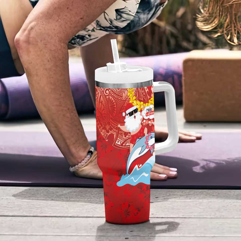 Hawaiian Mele Kalikimaka Tumbler With Handle Funny Santa Riding Lei Dolphin with Kakau Tattoos LT03 - Polynesian Pride