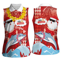 Hawaiian Mele Kalikimaka Women Sleeveless Polo Shirt Funny Santa Riding Lei Dolphin with Kakau Tattoos LT03 - Polynesian Pride