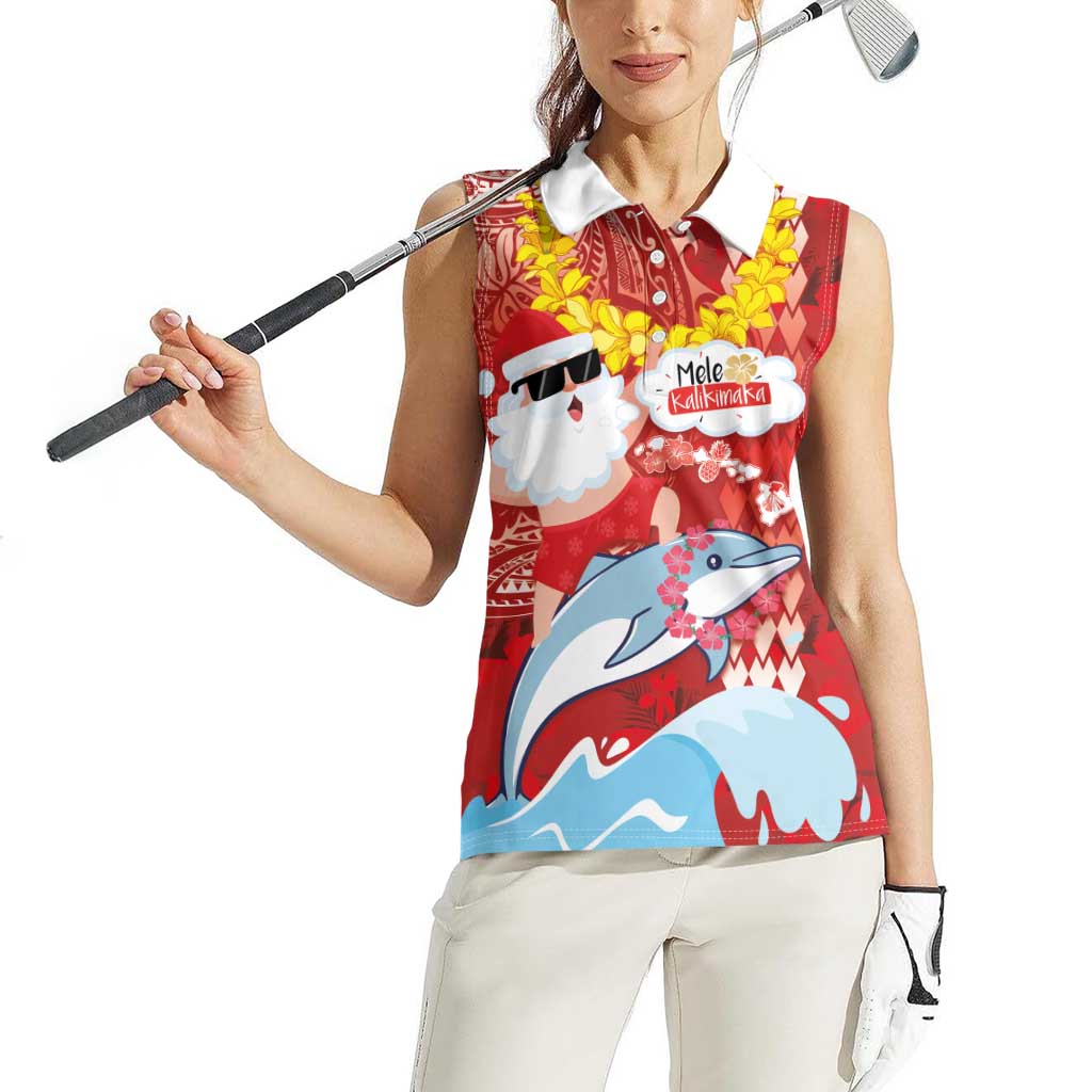 Hawaiian Mele Kalikimaka Women Sleeveless Polo Shirt Funny Santa Riding Lei Dolphin with Kakau Tattoos LT03 - Polynesian Pride