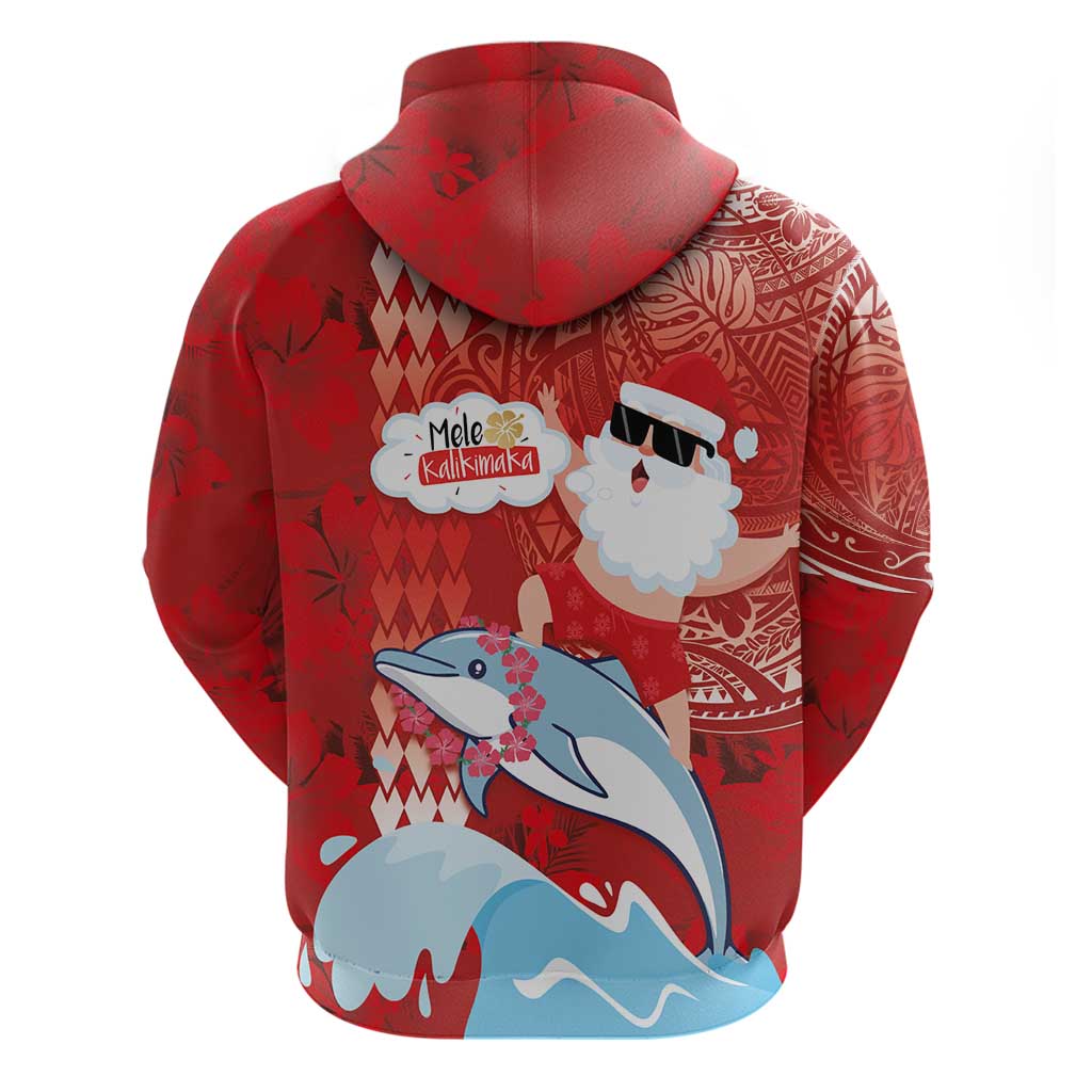 Hawaiian Mele Kalikimaka Zip Hoodie Funny Santa Riding Lei Dolphin with Kakau Tattoos LT03 - Polynesian Pride