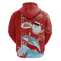 Hawaiian Mele Kalikimaka Zip Hoodie Funny Santa Riding Lei Dolphin with Kakau Tattoos LT03 - Polynesian Pride