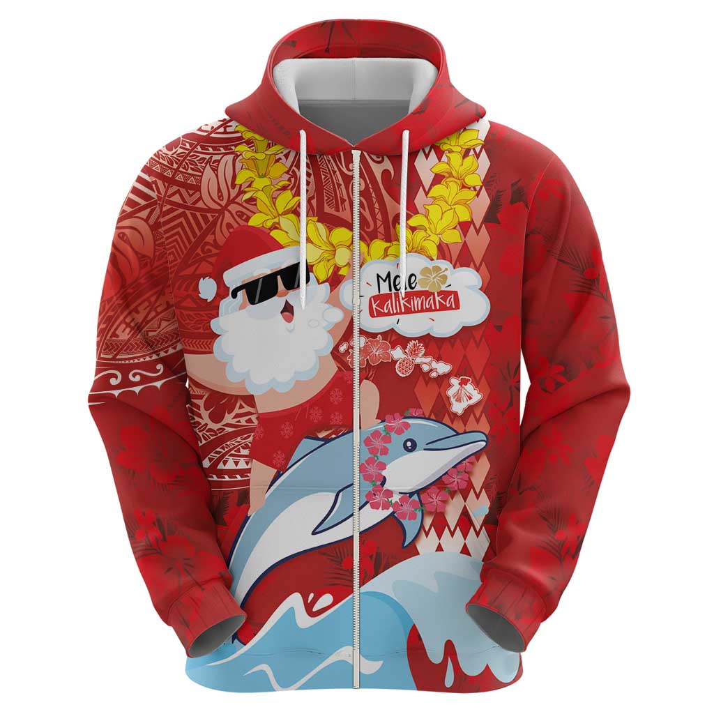 Hawaiian Mele Kalikimaka Zip Hoodie Funny Santa Riding Lei Dolphin with Kakau Tattoos LT03 - Polynesian Pride