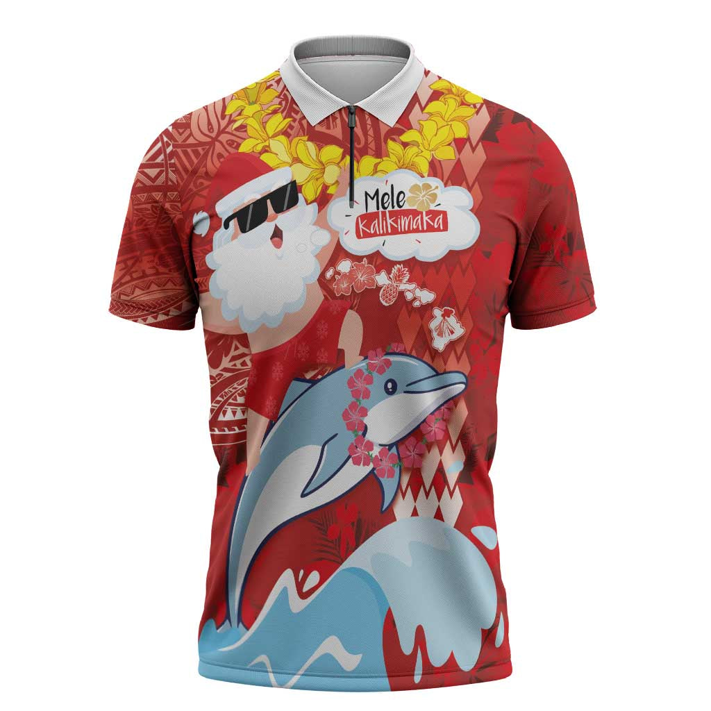 Hawaiian Mele Kalikimaka Zipper Polo Shirt Funny Santa Riding Lei Dolphin with Kakau Tattoos LT03 Red - Polynesian Pride