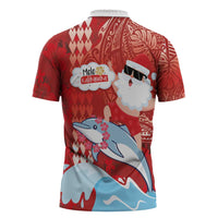 Hawaiian Mele Kalikimaka Zipper Polo Shirt Funny Santa Riding Lei Dolphin with Kakau Tattoos LT03 - Polynesian Pride