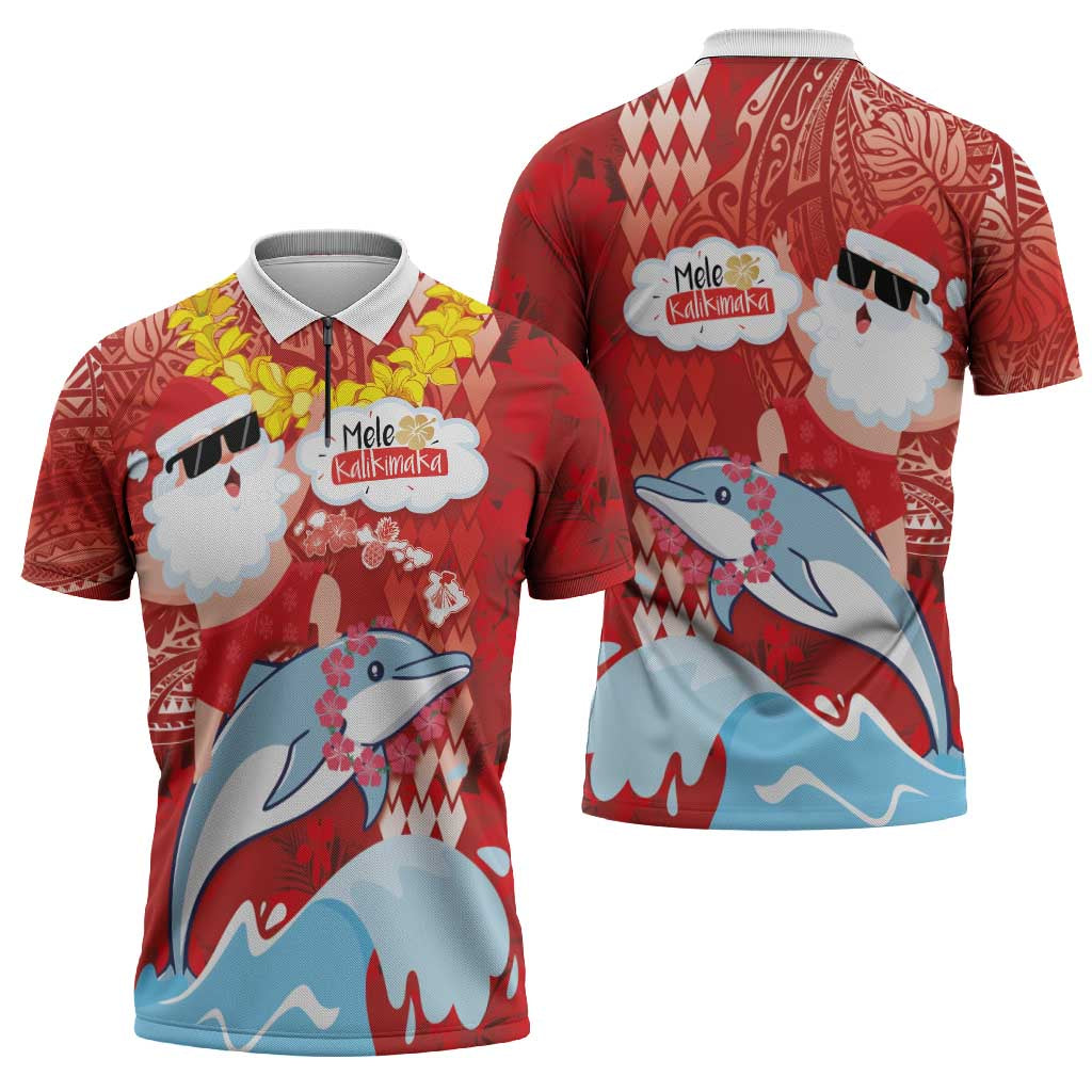 Hawaiian Mele Kalikimaka Zipper Polo Shirt Funny Santa Riding Lei Dolphin with Kakau Tattoos LT03 - Polynesian Pride