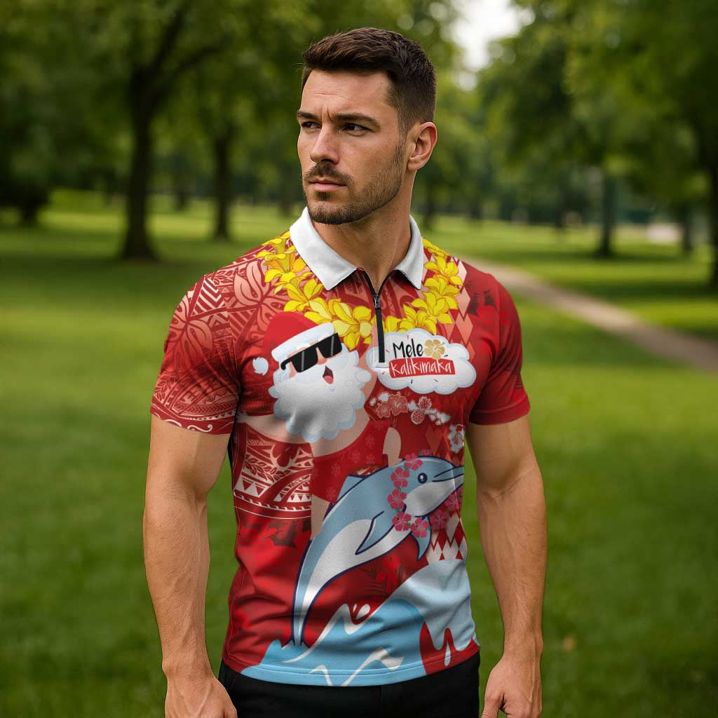 Hawaiian Mele Kalikimaka Zipper Polo Shirt Funny Santa Riding Lei Dolphin with Kakau Tattoos LT03 - Polynesian Pride
