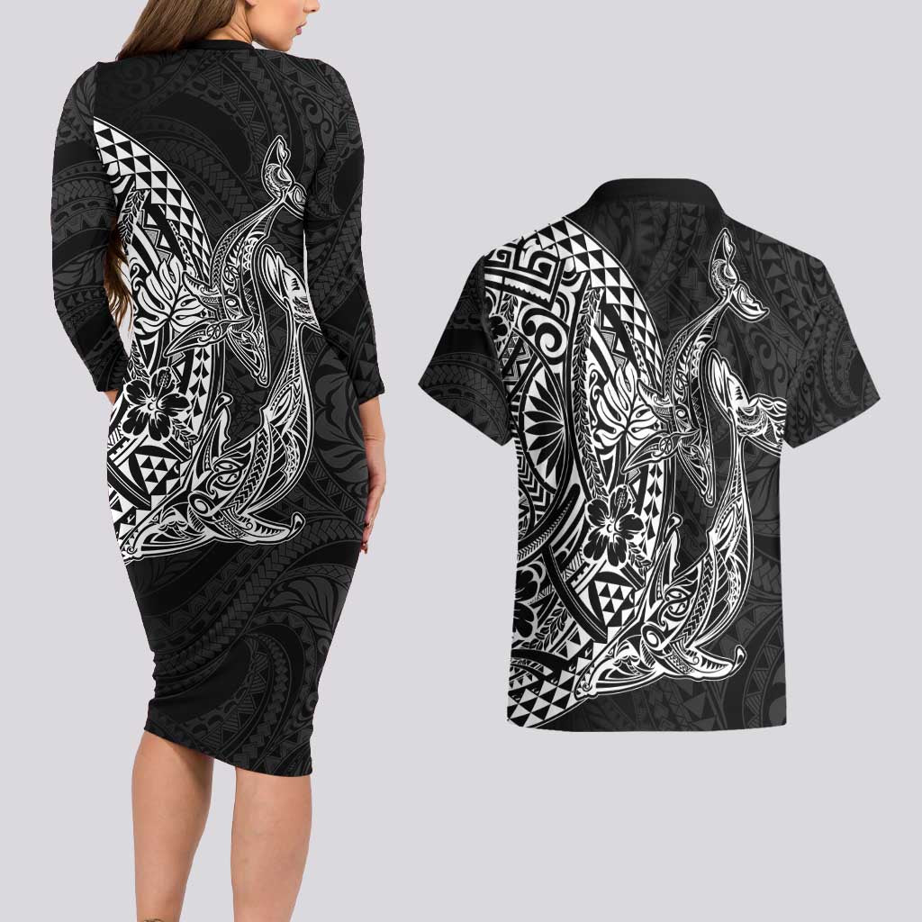 Hawaiian Whales Polynesian Art Motifs Couples Matching Long Sleeve Bodycon Dress and Hawaiian Shirt Black Color LT03 - Polynesian Pride