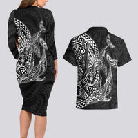 Hawaiian Whales Polynesian Art Motifs Couples Matching Long Sleeve Bodycon Dress and Hawaiian Shirt Black Color LT03 - Polynesian Pride
