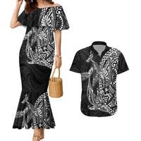 Hawaiian Whales Polynesian Art Motifs Couples Matching Mermaid Dress and Hawaiian Shirt Black Color LT03 Black - Polynesian Pride