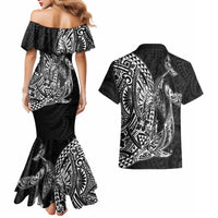 Hawaiian Whales Polynesian Art Motifs Couples Matching Mermaid Dress and Hawaiian Shirt Black Color LT03 - Polynesian Pride