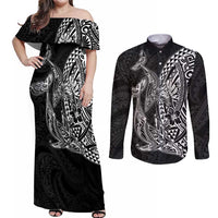 Hawaiian Whales Polynesian Art Motifs Couples Matching Off Shoulder Maxi Dress and Long Sleeve Button Shirt Black Color LT03 Black - Polynesian Pride