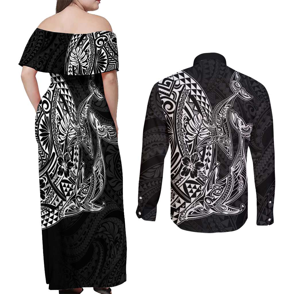 Hawaiian Whales Polynesian Art Motifs Couples Matching Off Shoulder Maxi Dress and Long Sleeve Button Shirt Black Color LT03 - Polynesian Pride