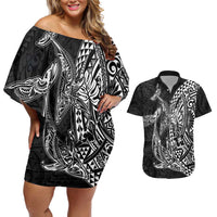Hawaiian Whales Polynesian Art Motifs Couples Matching Off Shoulder Short Dress and Hawaiian Shirt Black Color LT03 Black - Polynesian Pride