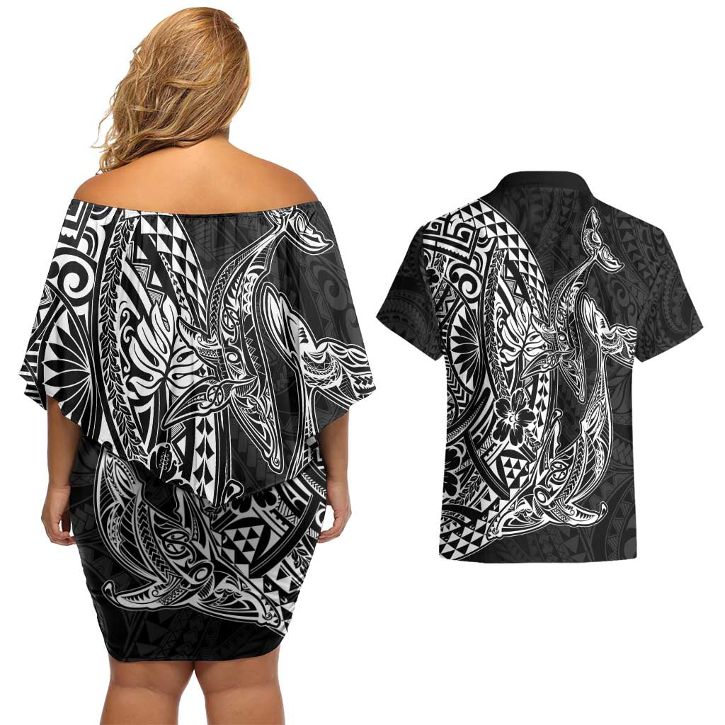 Hawaiian Whales Polynesian Art Motifs Couples Matching Off Shoulder Short Dress and Hawaiian Shirt Black Color LT03 - Polynesian Pride
