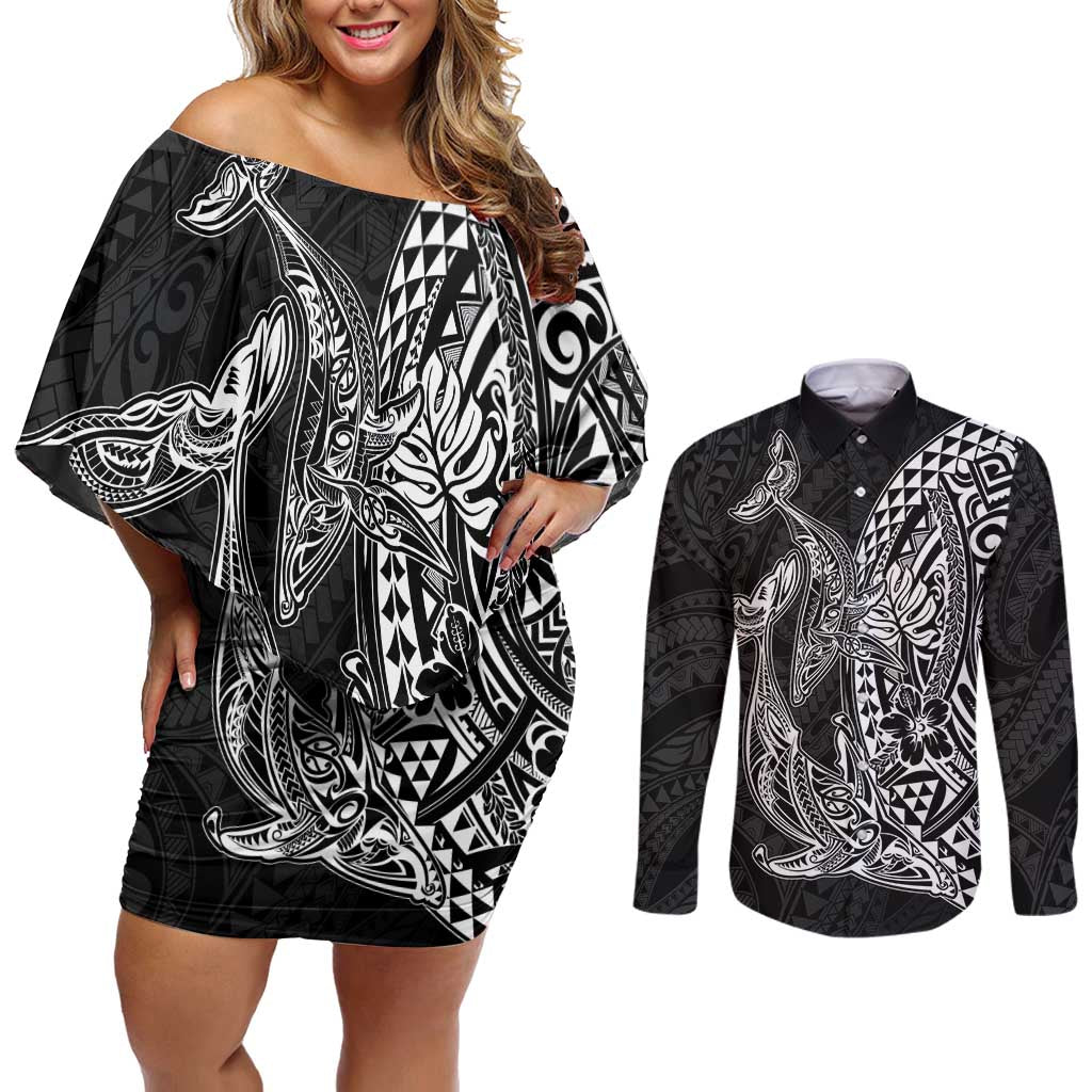 Hawaiian Whales Polynesian Art Motifs Couples Matching Off Shoulder Short Dress and Long Sleeve Button Shirt Black Color LT03 Black - Polynesian Pride