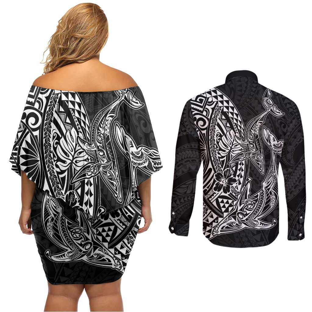 Hawaiian Whales Polynesian Art Motifs Couples Matching Off Shoulder Short Dress and Long Sleeve Button Shirt Black Color LT03 - Polynesian Pride