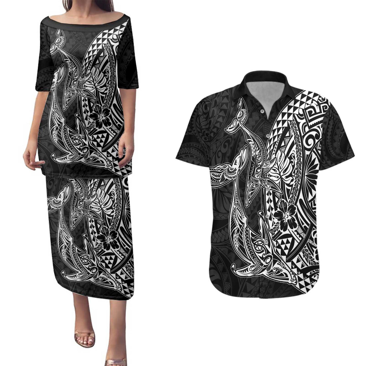 Hawaiian Whales Polynesian Art Motifs Couples Matching Puletasi and Hawaiian Shirt Black Color LT03 Black - Polynesian Pride