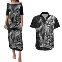 Hawaiian Whales Polynesian Art Motifs Couples Matching Puletasi and Hawaiian Shirt Black Color LT03 Black - Polynesian Pride