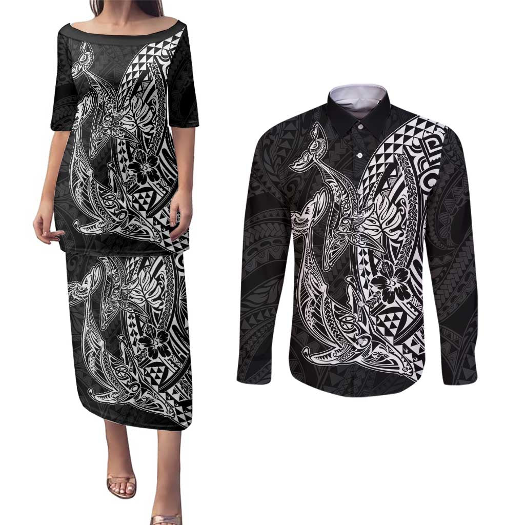 Hawaiian Whales Polynesian Art Motifs Couples Matching Puletasi and Long Sleeve Button Shirt Black Color LT03 Black - Polynesian Pride