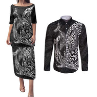 Hawaiian Whales Polynesian Art Motifs Couples Matching Puletasi and Long Sleeve Button Shirt Black Color LT03 Black - Polynesian Pride