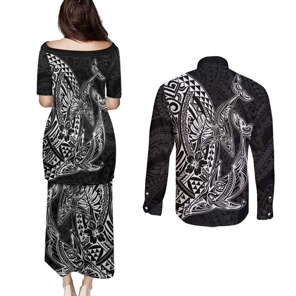 Hawaiian Whales Polynesian Art Motifs Couples Matching Puletasi and Long Sleeve Button Shirt Black Color LT03 - Polynesian Pride