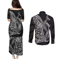 Hawaiian Whales Polynesian Art Motifs Couples Matching Puletasi and Long Sleeve Button Shirt Black Color LT03 - Polynesian Pride